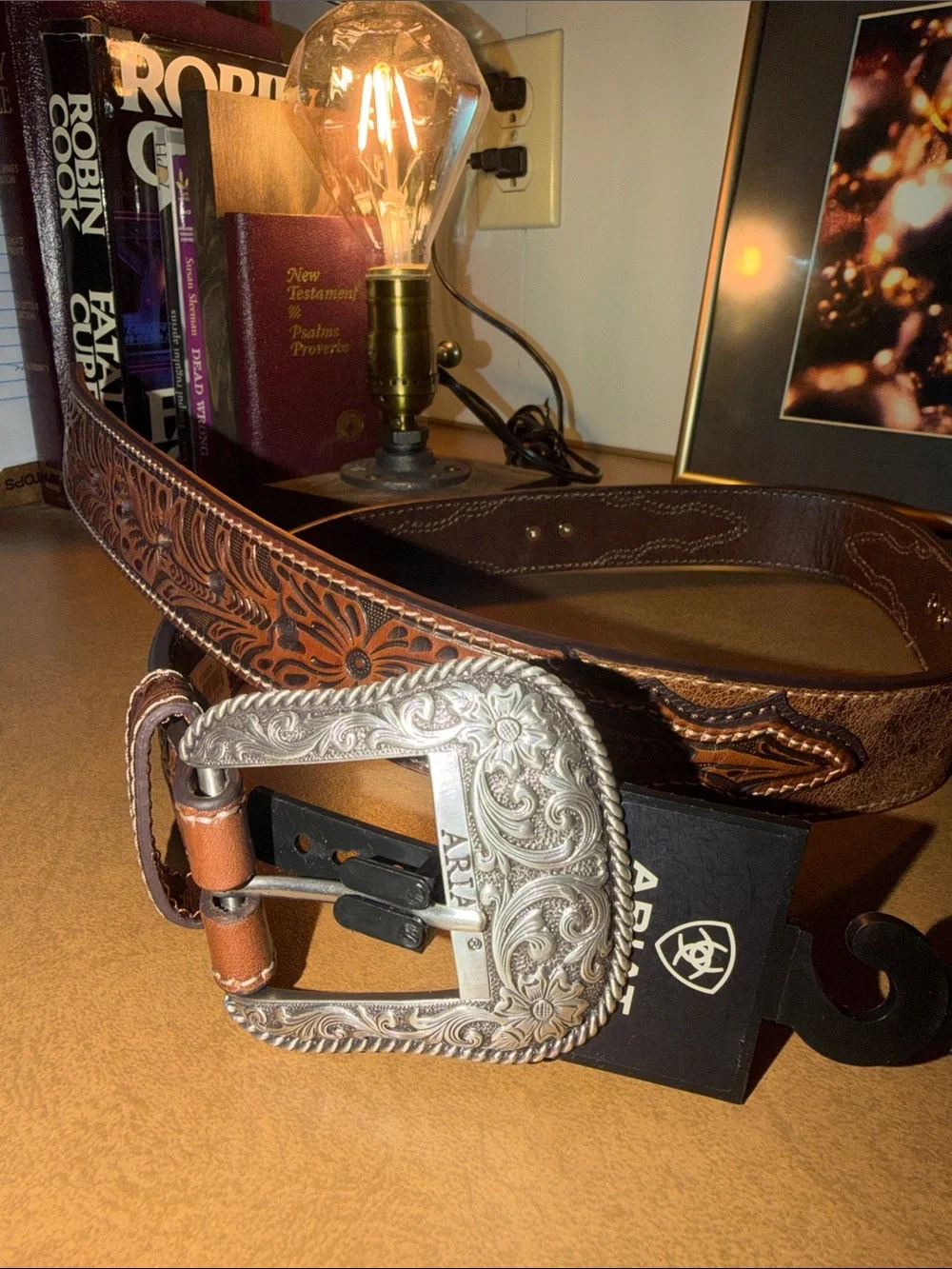 Ariat Brown Tooled Leather Belt with Engraved Silver Buckle